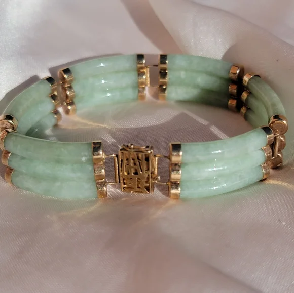 Triple Row Real Jade 14k Solid Gold Bracelet - Picture 2 of 6